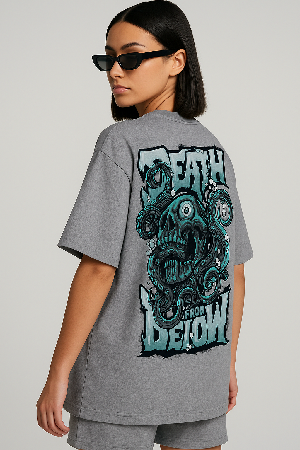 OCTOPUS SKULL | DEATH FROM BELOW | GREY | OVERSIZED GRAPHIC T-SHIRT